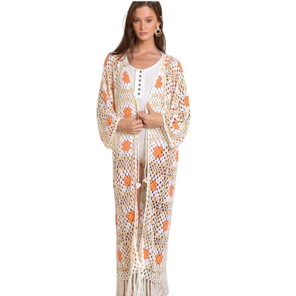 Kari’s Fashion Sweaters - 200. Women’s White/Orange Hand Crochet Maxi Fringe Cardigan NWT